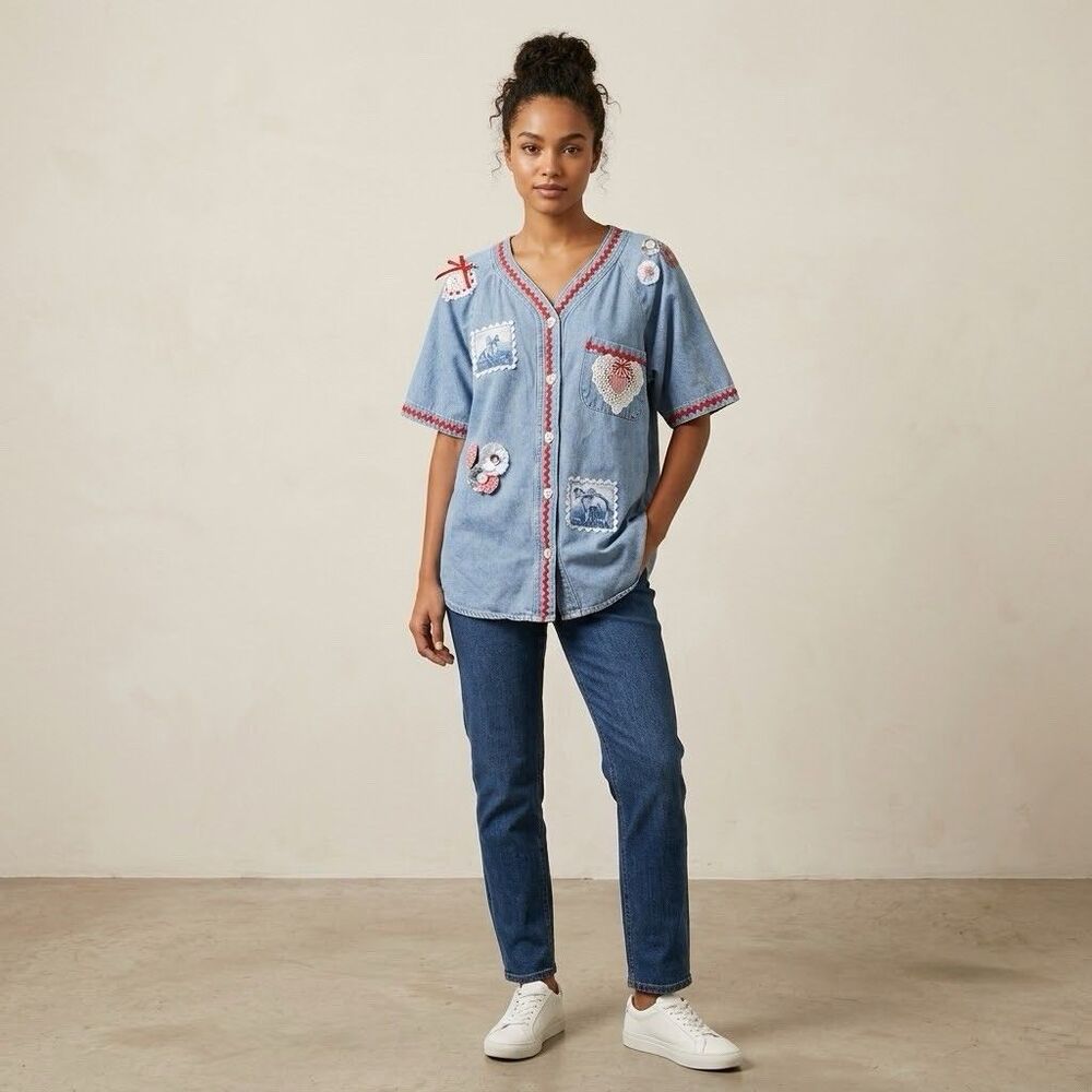 Vtg Sun Belt Denim Shirt M Western Patchwork Lace Hearts Country Cowgirl Top